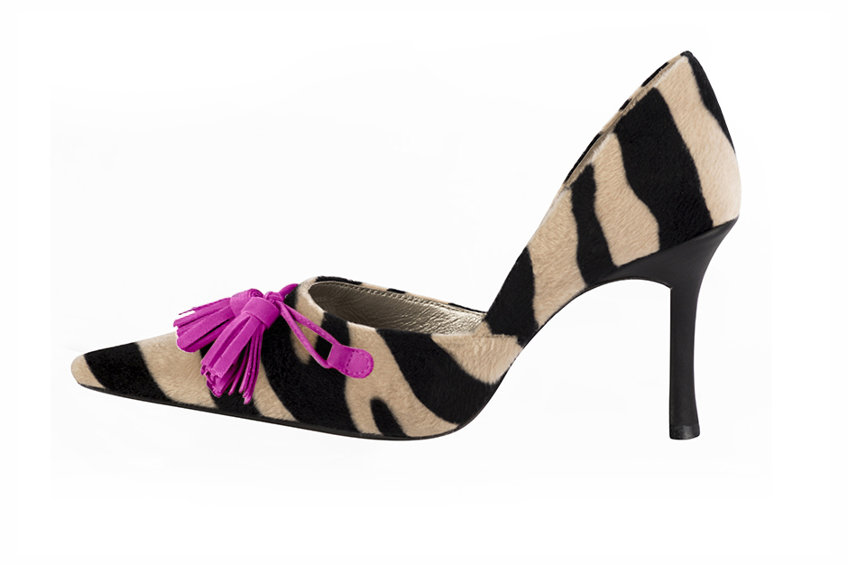 French elegance and refinement for these safari black and mauve purple open arch dress pumps, 
                available in many subtle leather and colour combinations. The open cut of the sides and the very pointed end will remind you of the "Italian Touch"
For fans of originality. 
                Matching clutches for parties, ceremonies and weddings.   
                You can customize these shoes to perfectly match your tastes or needs, and have a unique model.  
                Choice of leathers, colours, knots and heels. 
                Wide range of materials and shades carefully chosen.  
                Rich collection of flat, low, mid and high heels.  
                Small and large shoe sizes - Florence KOOIJMAN